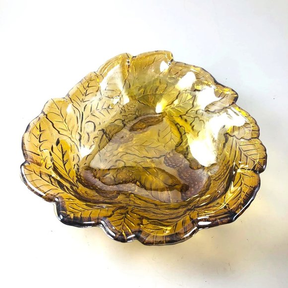 Vintage Indiana Loganberry Carnival Glass Bowl Marigold Amber Leaves Candy Dish - Picture 1 of 5